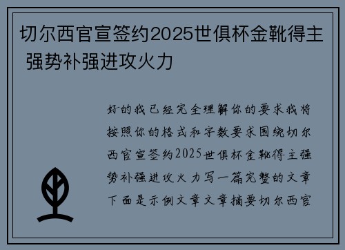 切尔西官宣签约2025世俱杯金靴得主 强势补强进攻火力